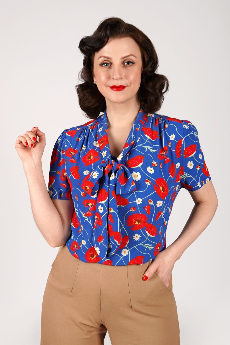 1940s and 50s Style Short Sleeve Pussy Bow Blouse In Poppy Print   | Vintage Inspired | Weekend Doll 