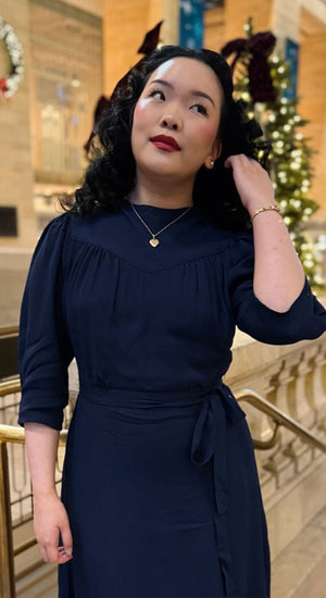 Vintage Inspired High Neck Line Three Quarter Sleeve Navy Below the Knee Length Dress | 1930s & 1940s Style | Weekend Doll 