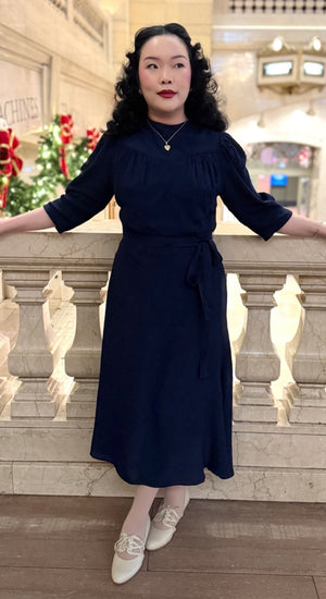 Vintage Inspired High Neck Line Three Quarter Sleeve Navy Below the Knee Length Dress | 1930s & 1940s Style | Weekend Doll 
