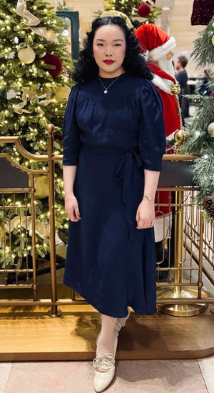 Vintage Inspired High Neck Line Three Quarter Sleeve Navy Below the Knee Length Dress | 1930s & 1940s Style | Weekend Doll 