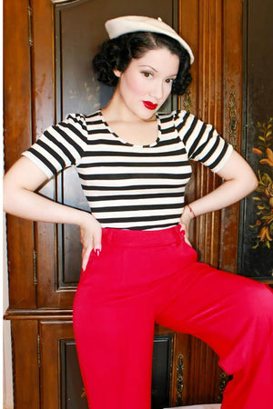 Retro Scoop Neck Black and Ivory Striped Jersey Top  | Retro Pin Up Style | Weekend Doll 