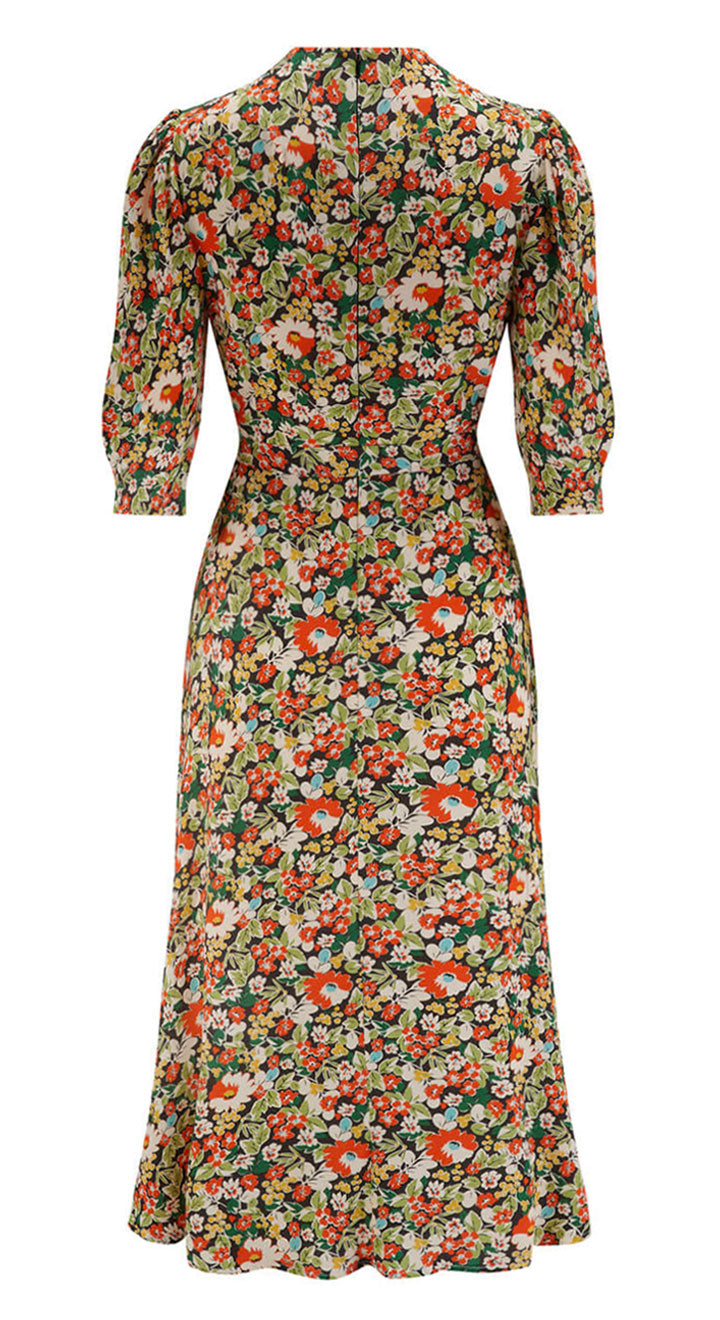 Vintage Inspired High Neck Line Three Quarter Sleeve Autumnal Floral Below the Knee Length Dress | 1930s & 1940s Style | Weekend Doll 