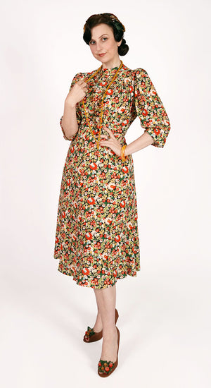 Vintage Inspired High Neck Line Three Quarter Sleeve Autumnal Floral Below the Knee Length Viscose Crepe Dress | 1930s & 1940s Style | Weekend Doll 