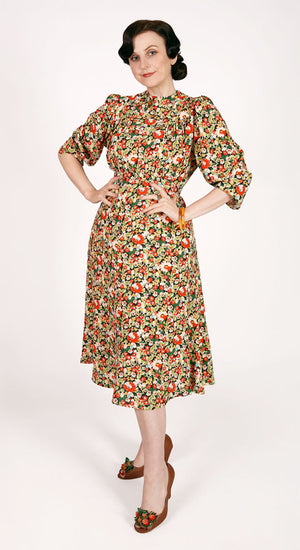 Vintage Inspired High Neck Line Three Quarter Sleeve Autumnal Floral Below the Knee Length Viscose Crepe Dress | 1930s & 1940s Style | Weekend Doll 
