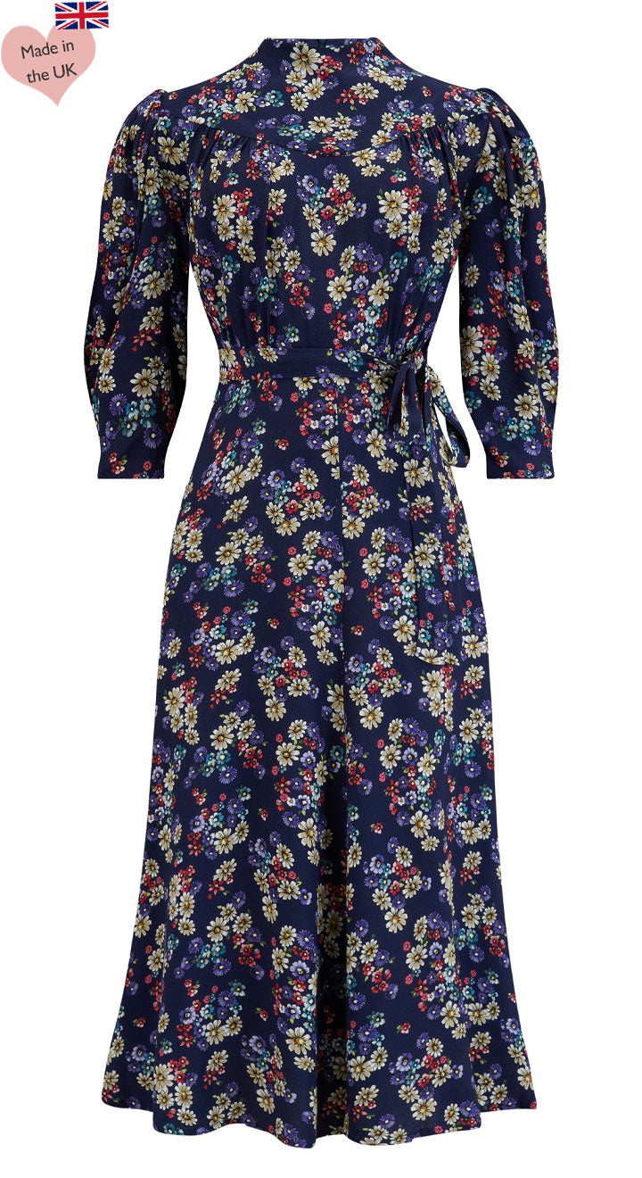 1940s Dress Styles- Casual to Cocktail Rita Midi Dress in Navy Daisy Print £116.00 AT vintagedancer.com