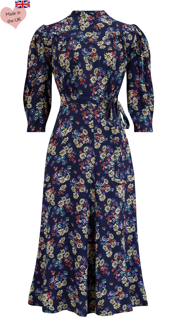 1930s Dresses | 30s Art Deco Dress Rita Midi Dress in Navy Daisy Print £116.00 AT vintagedancer.com