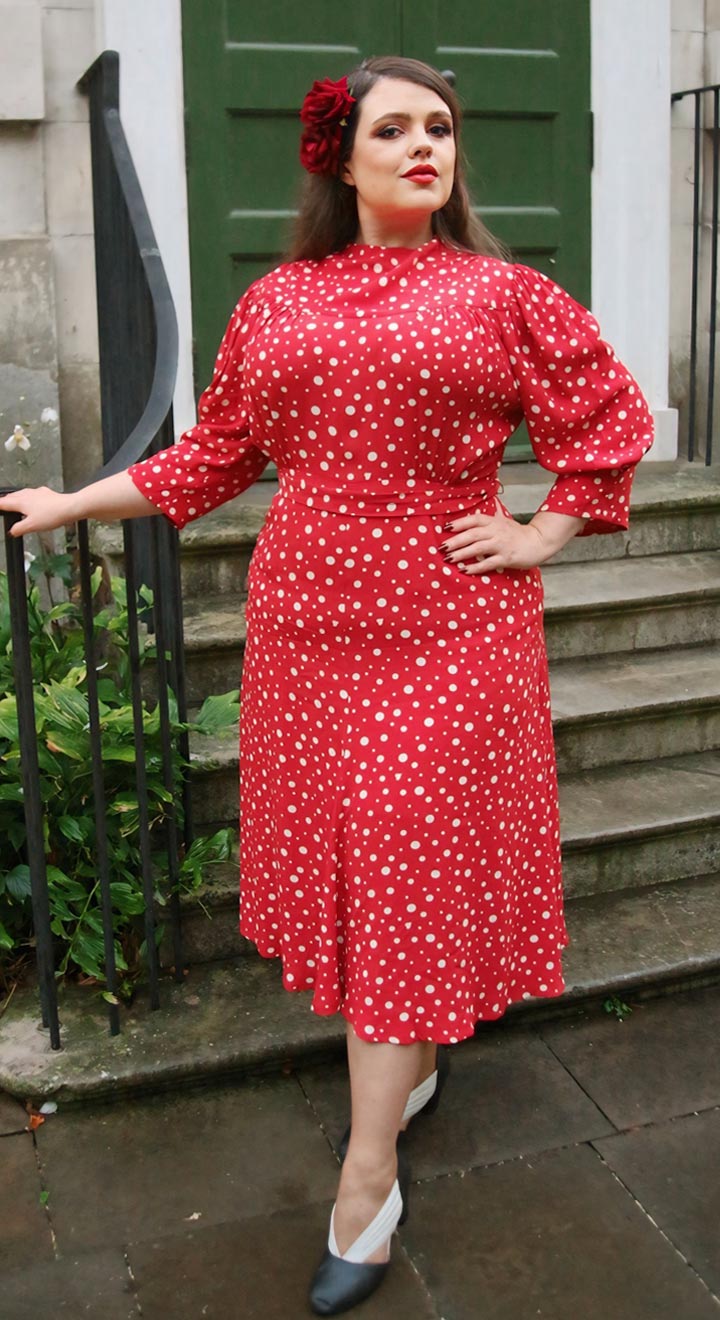 Vintage Inspired High Neck Line Three Quarter Sleeve Red Polka Dot Below the Knee Length Dress | 1930s & 1940s Style Vintage Inspired High Neck Line Three Quarter Sleeve Red Polka Dot Below the Knee Length Dress | 1930s & 1940s Style