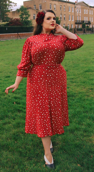 Vintage Inspired High Neck Line Three Quarter Sleeve Red Polka Dot Below the Knee Length Dress | 1930s & 1940s Style | Weekend Doll 