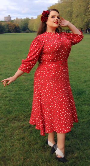 Vintage Inspired High Neck Line Three Quarter Sleeve Red Polka Dot Below the Knee Length Dress | 1930s & 1940s Style | Weekend Doll 