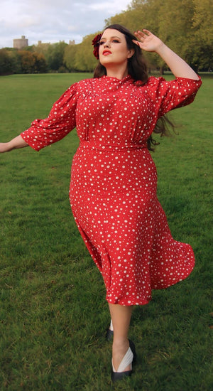 Vintage Inspired High Neck Line Three Quarter Sleeve Red Polka Dot Below the Knee Length Dress | 1930s & 1940s Style | Weekend Doll 