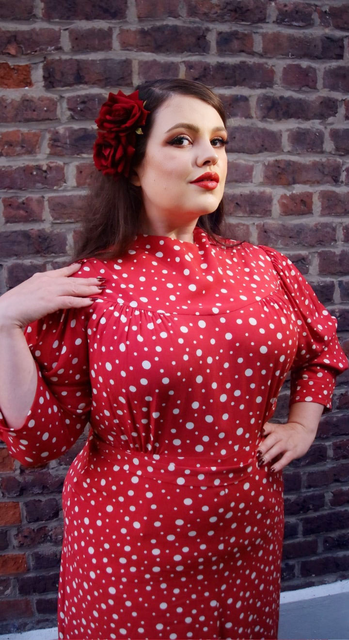 Vintage Inspired High Neck Line Three Quarter Sleeve Red Polka Dot Below the Knee Length Dress | 1930s & 1940s Style | Weekend Doll 