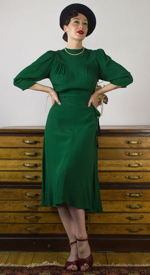 Vintage Inspired High Neck Line Three Quarter Sleeve Jade Green Below the Knee Length Dress | 1930s & 1940s Style | Weekend Doll 
