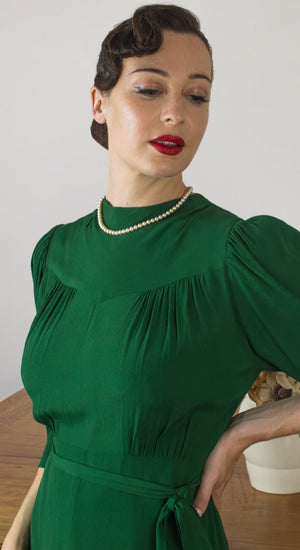 Vintage Inspired High Neck Line Three Quarter Sleeve Jade Green Below the Knee Length Dress | 1930s & 1940s Style | Weekend Doll 