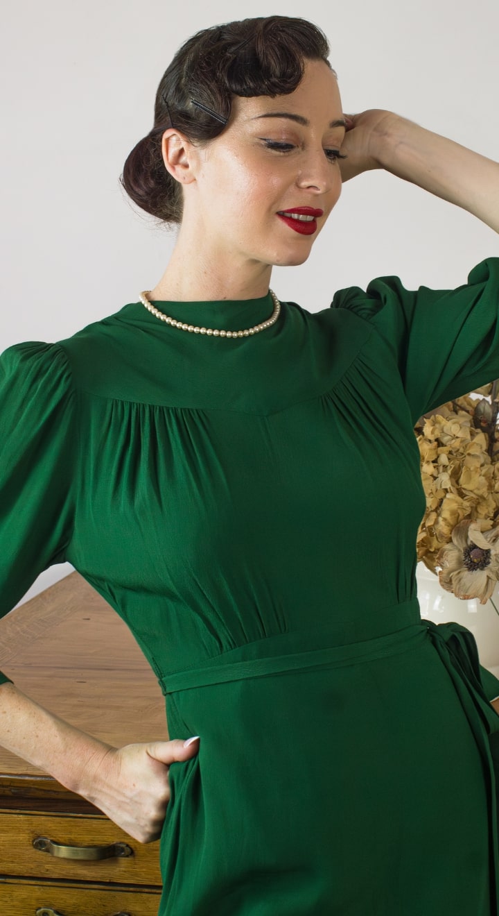 Vintage Inspired High Neck Line Three Quarter Sleeve Jade Green Below the Knee Length Dress | 1930s & 1940s Style | Weekend Doll Vintage Inspired High Neck Line Three Quarter Sleeve Jade Green Below the Knee Length Dress | 1930s & 1940s Style | Weekend Doll