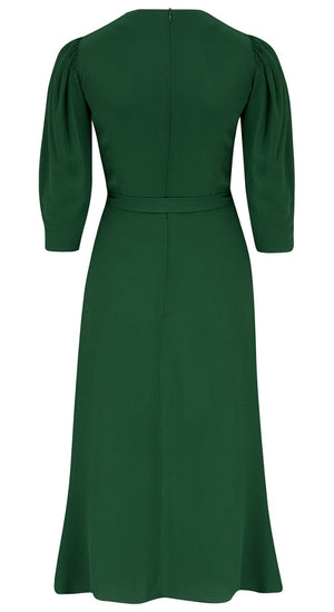 Vintage Inspired High Neck Line Three Quarter Sleeve Jade Green Below the Knee Length Dress | 1930s & 1940s Style | Weekend Doll 
