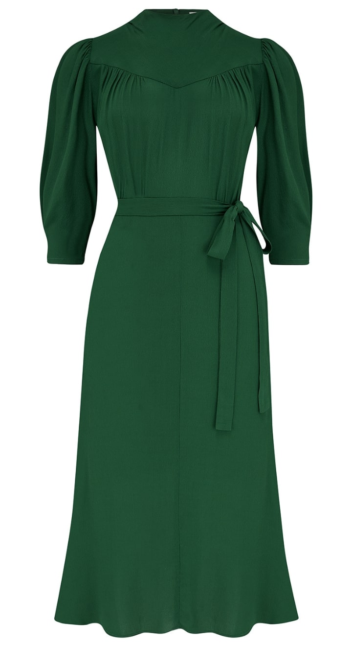 Vintage Inspired High Neck Line Three Quarter Sleeve Jade Green Below the Knee Length Dress | 1930s & 1940s Style | Weekend Doll 