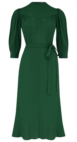 Vintage Inspired High Neck Line Three Quarter Sleeve Jade Green Below the Knee Length Dress | 1930s & 1940s Style | Weekend Doll 