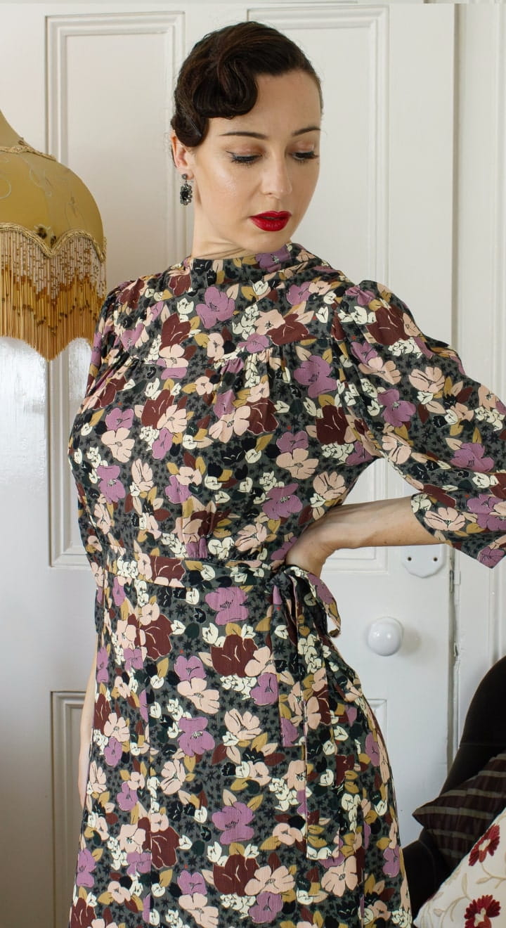 Vintage Inspired High Neck Line Three Quarter Sleeve Red Polka Dot Below the Knee Length Dress | 1930s & 1940s Style | Weekend Doll 