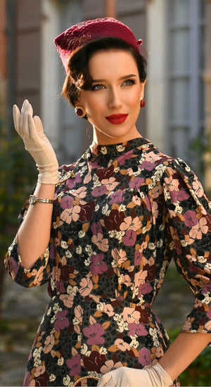 Vintage Inspired High Neck Line Three Quarter Sleeve Red Polka Dot Below the Knee Length Dress | 1930s & 1940s Style | Weekend Doll 