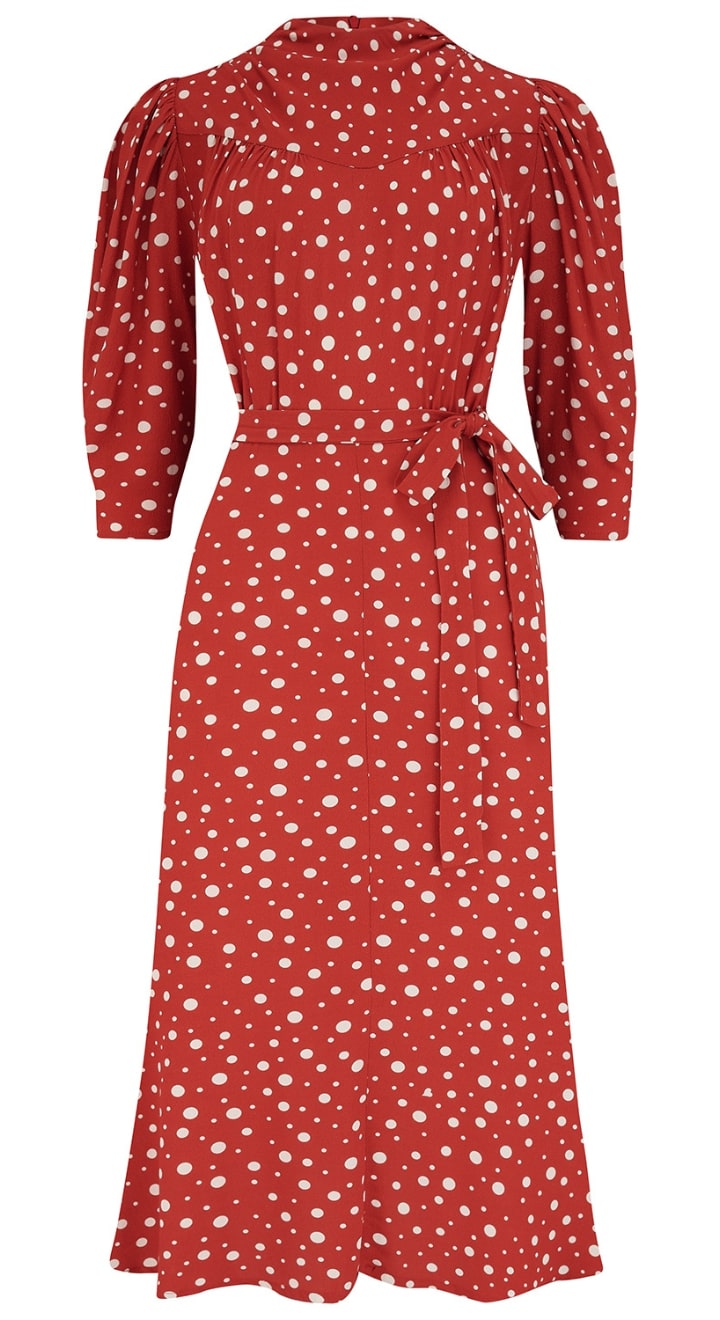 Vintage Inspired High Neck Line Three Quarter Sleeve Red Polka Dot Below the Knee Length Dress | 1930s & 1940s Style | Weekend Doll 