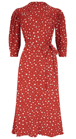 Vintage Inspired High Neck Line Three Quarter Sleeve Red Polka Dot Below the Knee Length Dress | 1930s & 1940s Style | Weekend Doll 