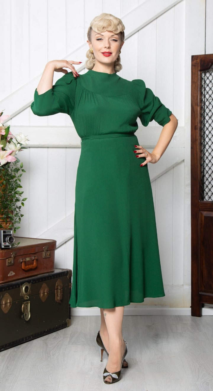 Vintage Inspired High Neck Line Three Quarter Sleeve Jade Green Below the Knee Length Dress | 1930s & 1940s Style | Weekend Doll Vintage Inspired High Neck Line Three Quarter Sleeve Jade Green Below the Knee Length Dress | 1930s & 1940s Style | Weekend Doll