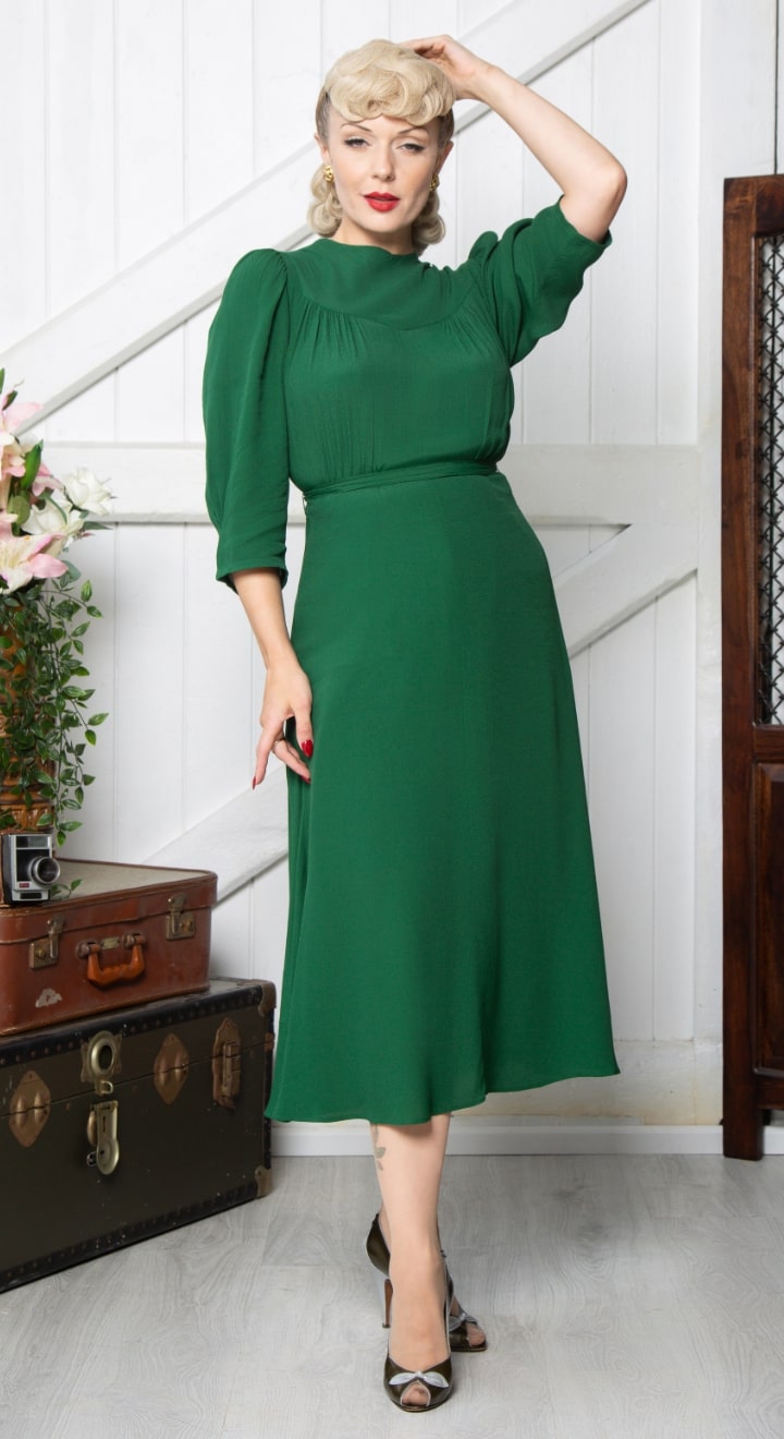 Vintage Inspired High Neck Line Three Quarter Sleeve Jade Green Below the Knee Length Dress | 1930s & 1940s Style | Weekend Doll 