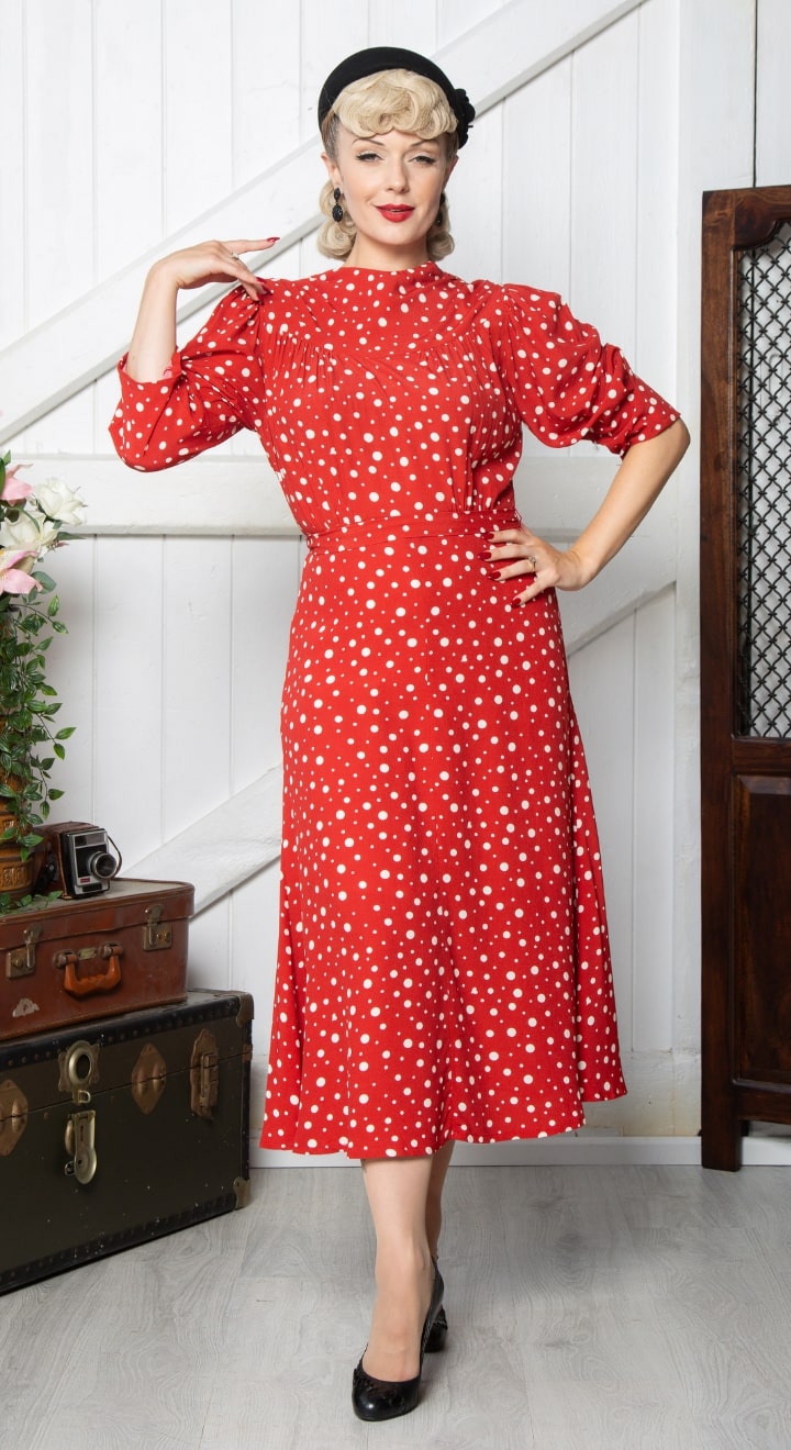 Vintage Inspired High Neck Line Three Quarter Sleeve Red Polka Dot Below the Knee Length Dress | 1930s & 1940s Style | Weekend Doll 