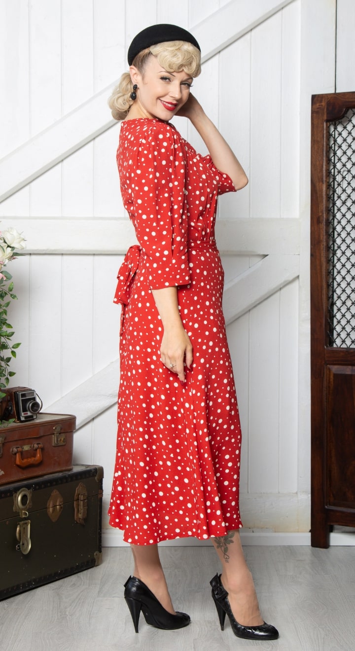 Vintage Inspired High Neck Line Three Quarter Sleeve Red Polka Dot Below the Knee Length Dress | 1930s & 1940s Style | Weekend Doll 