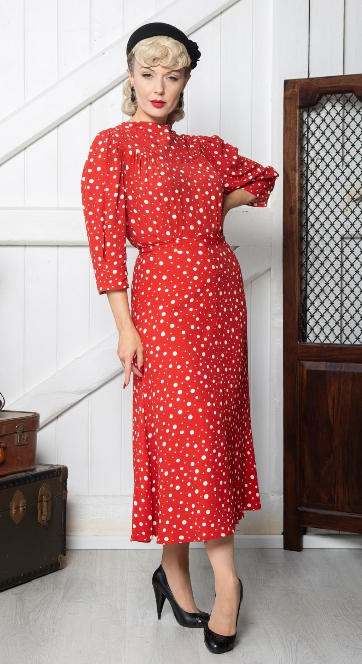Vintage Inspired High Neck Line Three Quarter Sleeve Red Polka Dot Below the Knee Length Dress | 1930s & 1940s Style | Weekend Doll 