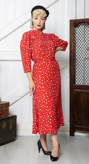 Vintage Inspired High Neck Line Three Quarter Sleeve Red Polka Dot Below the Knee Length Dress | 1930s & 1940s Style | Weekend Doll 