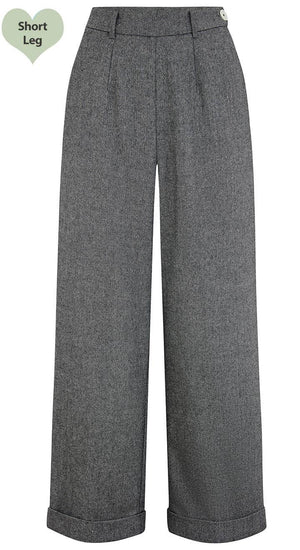 Short 1930s and 40s Classic Wide Leg Trousers in Grey Herringbone