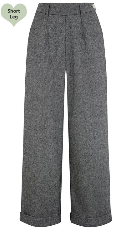 Short 1930s and 40s Classic Wide Leg Trousers in Grey Herringbone