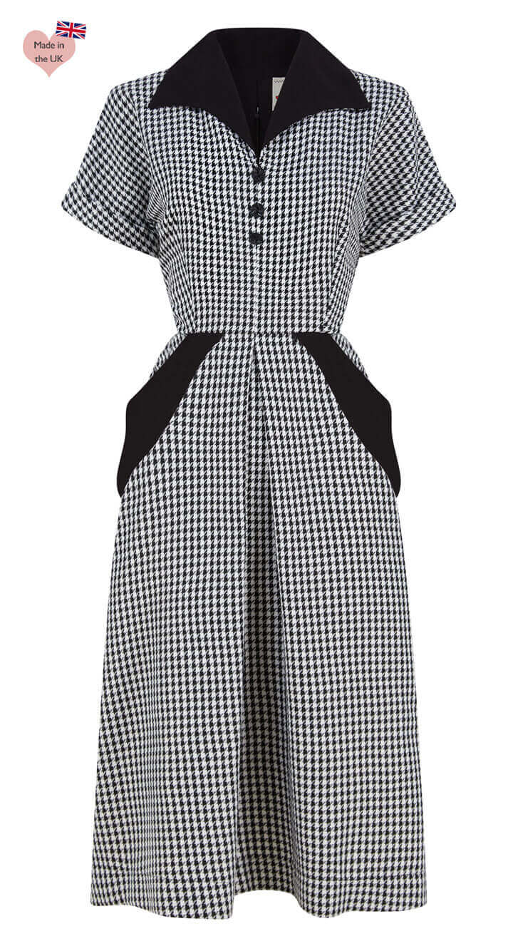 Vintage Inspired Black and White Dogtooth Knee Length Shirt Dress  | 1940s & 1950s Style | Weekend Doll 