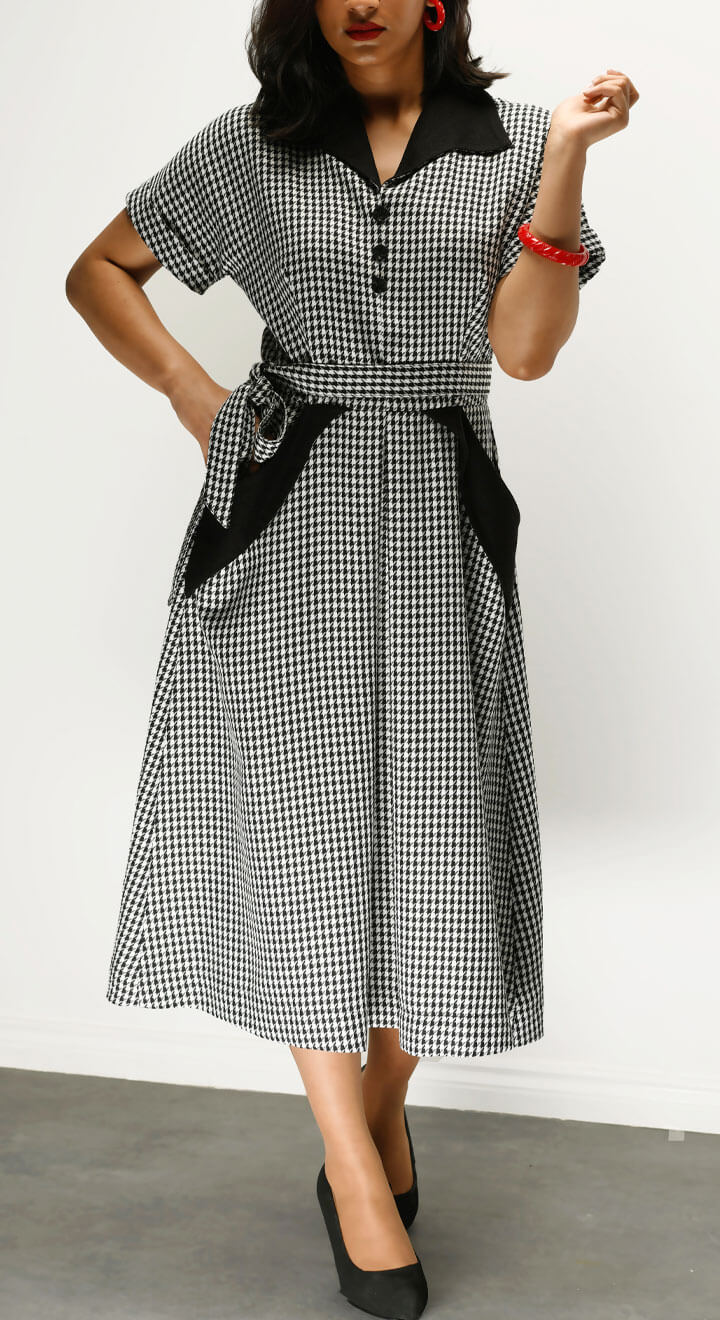 Vintage Inspired Black and White Dogtooth Knee Length Shirt Dress  | 1940s & 1950s Style | Weekend Doll 