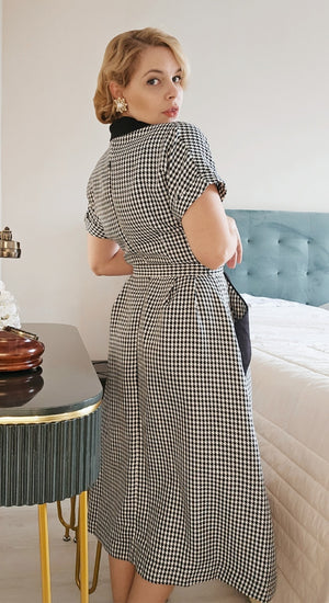 Vintage Inspired Black and White Dogtooth Knee Length Shirt Dress  | 1940s & 1950s Style | Weekend Doll 