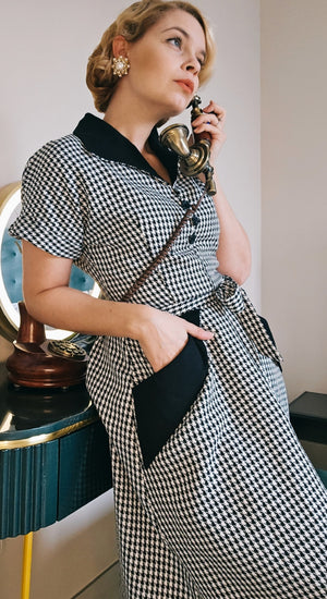 Vintage Inspired Black and White Dogtooth Knee Length Shirt Dress  | 1940s & 1950s Style | Weekend Doll 