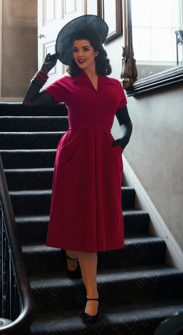 Vintage Inspired Red Knee Length Shirt Dress 1940s 1950s Style