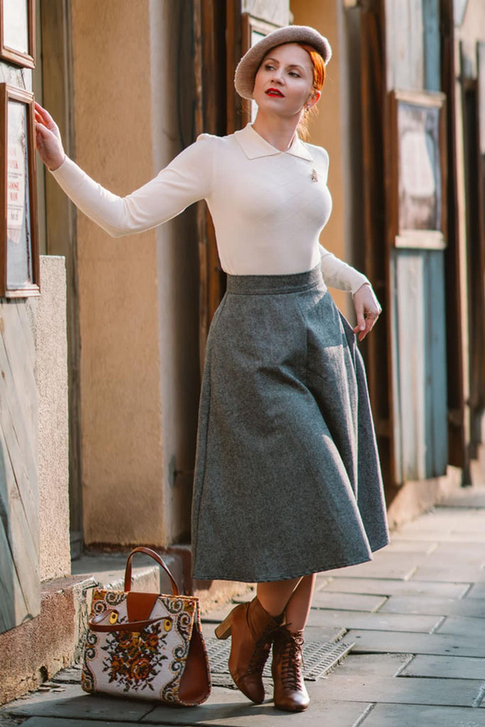 Classic 1940s Style A-Line Skirt in Grey Herringbone
