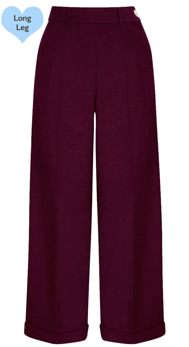 Long Tall Burgundy High Waisted Wide Leg Trousers - 1930s & 40s style | Weekend Doll