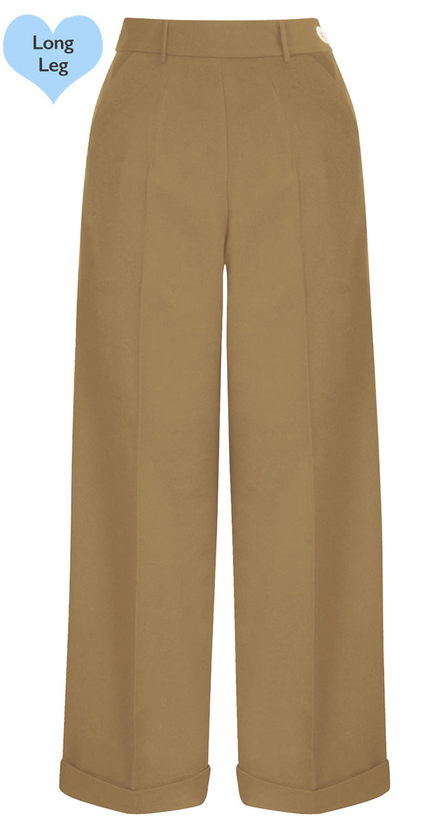 Long Tall 1930s and 40s Classic High Waist Wide Leg Trousers in Tan