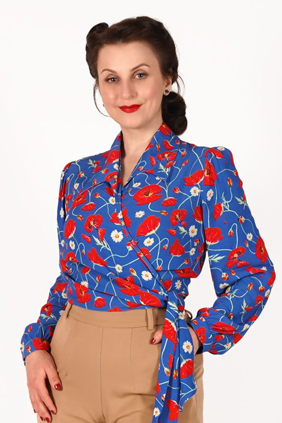 Vintage Inspired Grace Wrap Blouse In Blue Poppy Print | 1940s and 50s Style | Weekend Doll 
