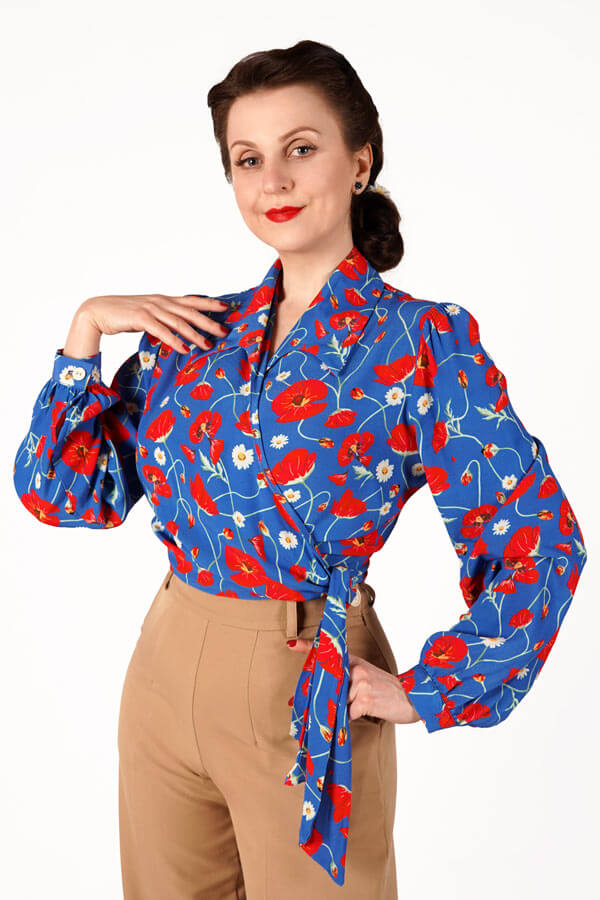 Vintage Inspired Grace Wrap Blouse In Blue Poppy Print | 1940s and 50s Style | Weekend Doll 