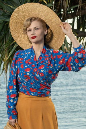 Vintage Inspired Grace Wrap Blouse In Blue Poppy Print | 1940s and 50s Style | Weekend Doll 
