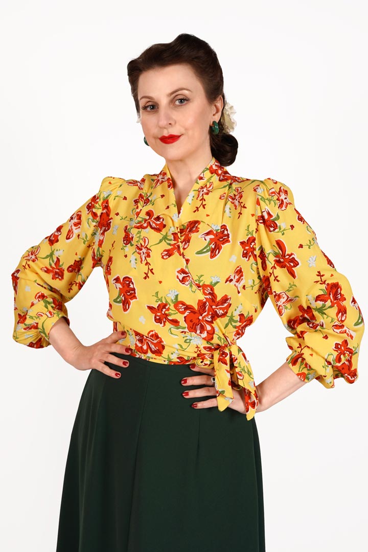 Vintage Inspired Grace Wrap Blouse In Yellow Iris Print | 1940s and 50s Style | Weekend Doll 
