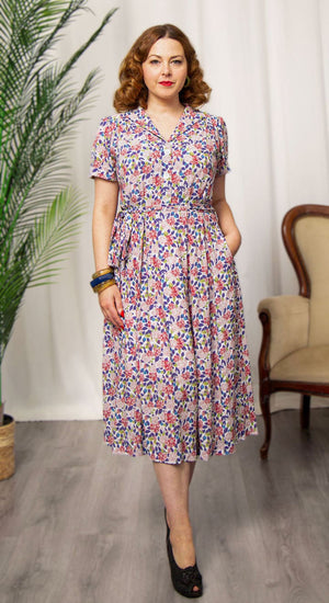 Katherine Sustainable Vintage Inspired Shirt Dress in Purple Hydrangea | 1940s & 1950s Style 