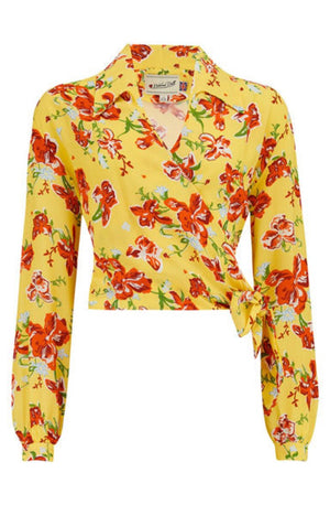 Vintage Inspired Grace Wrap Blouse In Yellow Iris Print | 1940s and 50s Style | Weekend Doll 