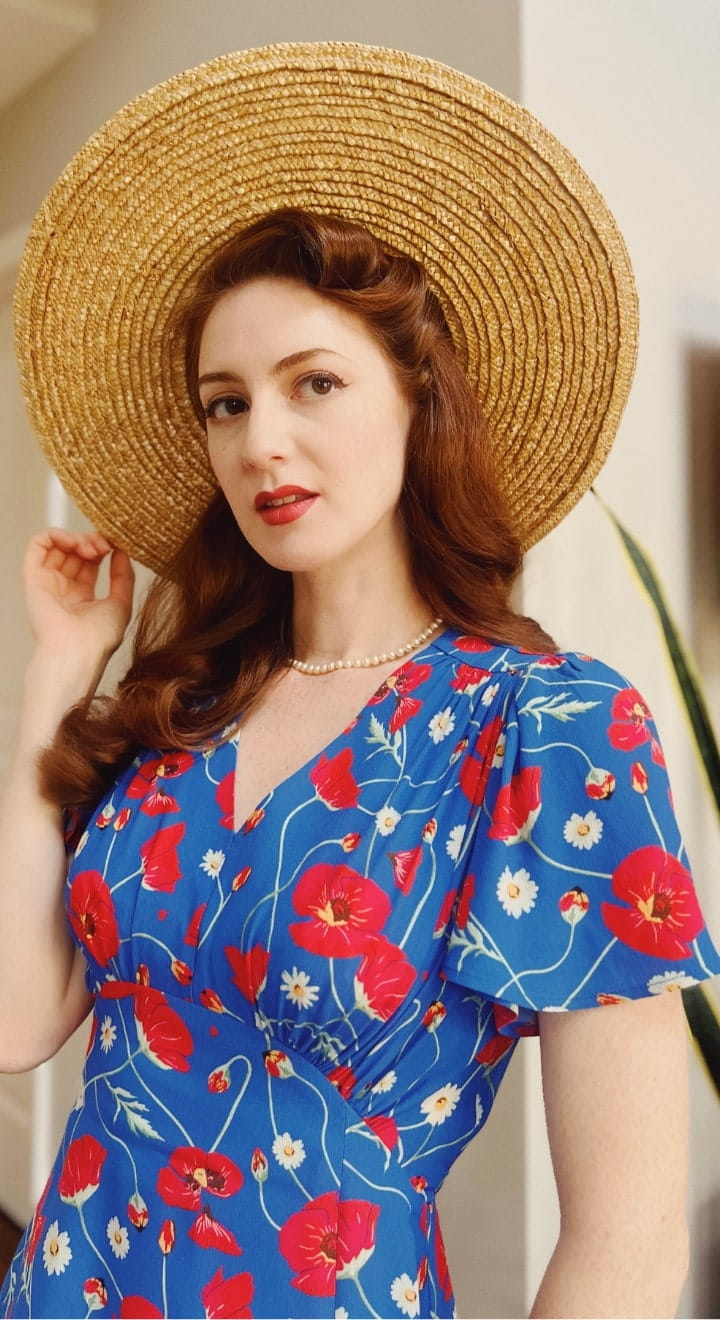 Vintage-Inspired 1930s & 1940s Knee-Length Tea Dress – Blue & Red Poppy Print | Weekend Doll