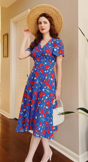 Vintage-Inspired 1930s & 1940s Knee-Length Tea Dress – Blue & Red Poppy Print | Weekend Doll