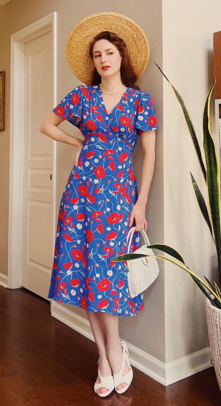 blue and red poppy dress Vintage Inspired Poppy Print Knee Length Tea Dress | 1930s & 1940s Style